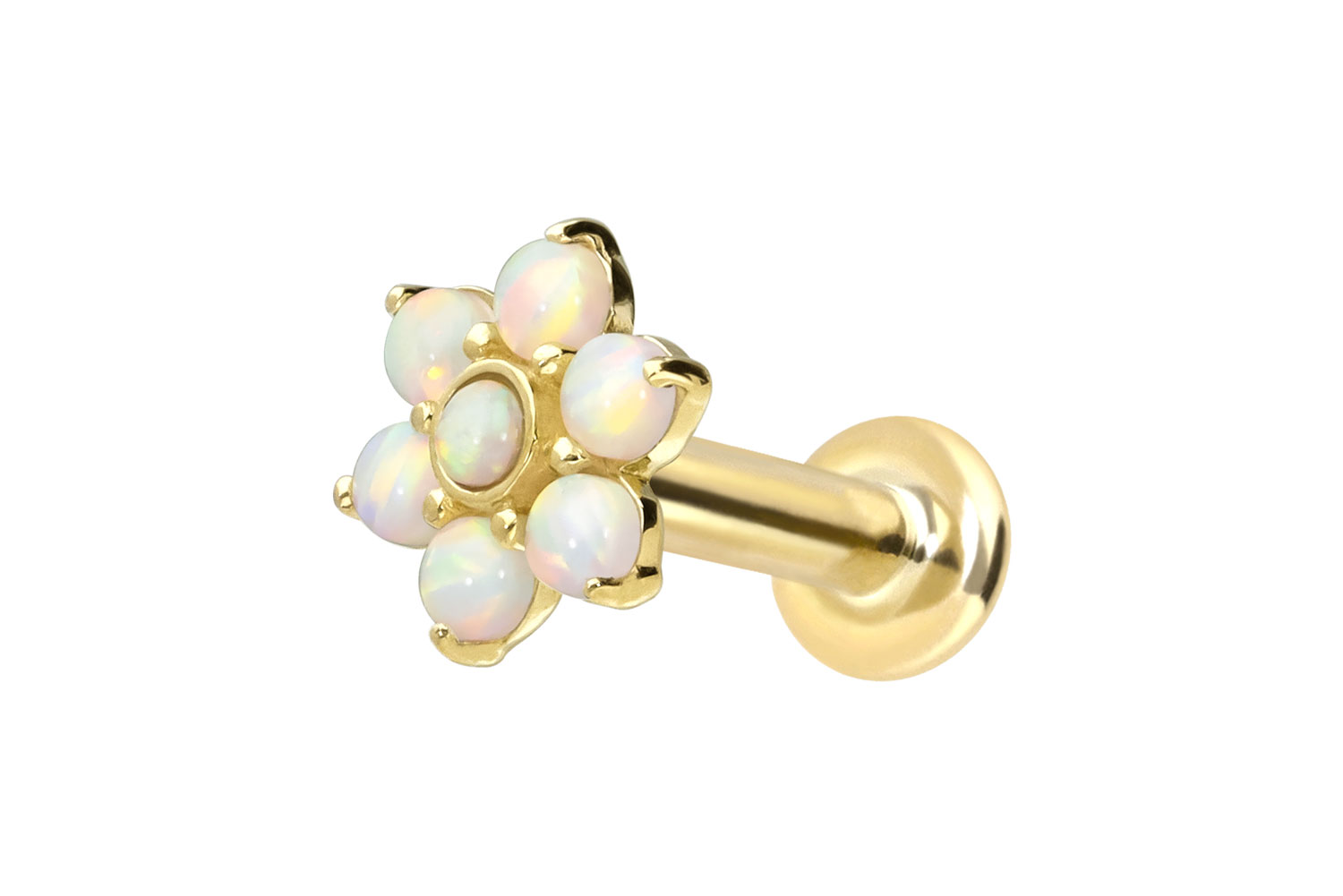 14 Karat Gold Labret Piercing mit Innengewinde BLUME + 7 SYNHETISCHE OPALE